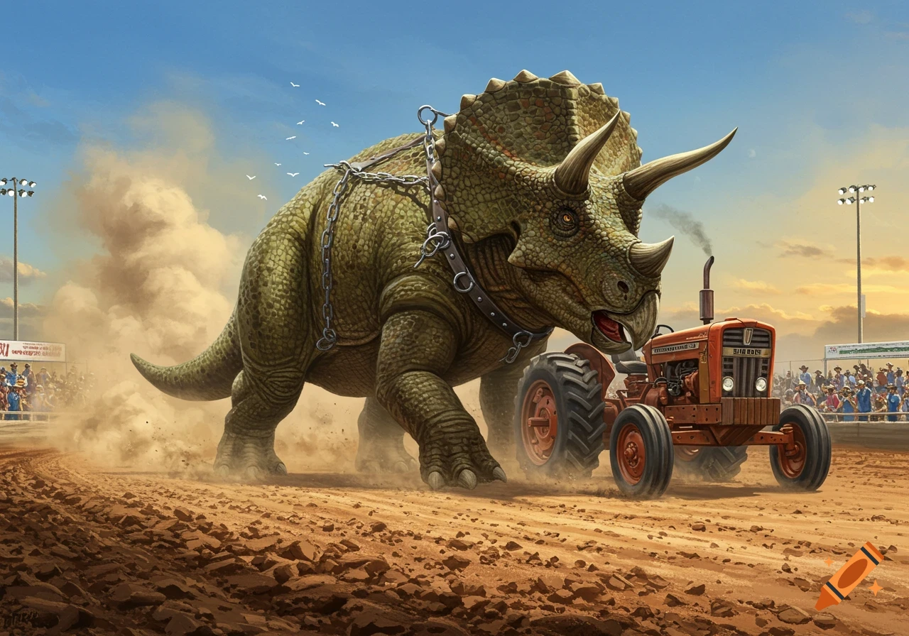 A triceratops, harnessed by chains, pulls a red tractor in a dusty tractor pull competition with crowds watching.