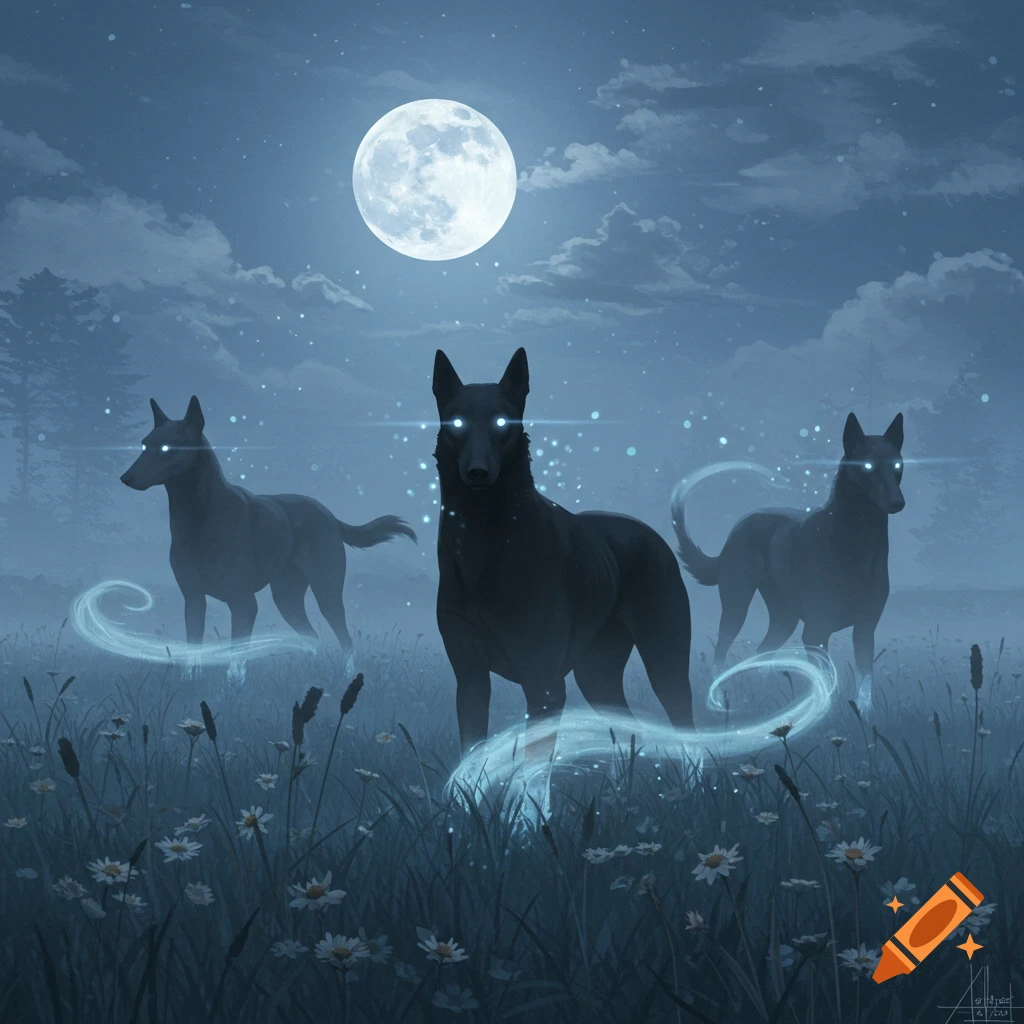 Three dark, glowing-eyed dogs stand in a moonlit field of flowers with mystical blue wisps.