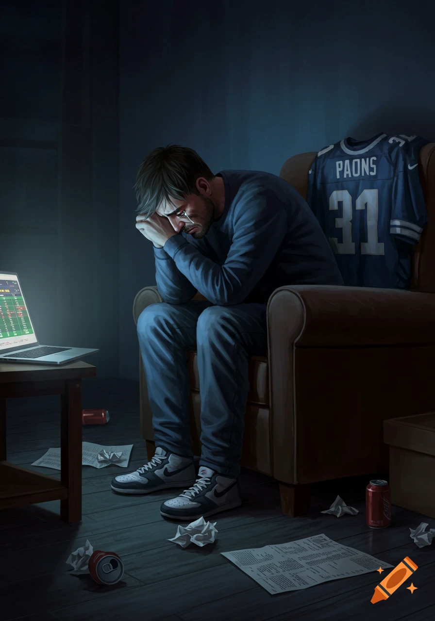 An illustrated man with a beard sits slumped in a chair in a dark room, crying into his hands. A blue football jersey with the name "PAONS" and number "31" hangs on the chair behind him. A laptop with glowing data on the screen sits on a small table to his left, and crumpled papers and soda cans litter the floor around him.