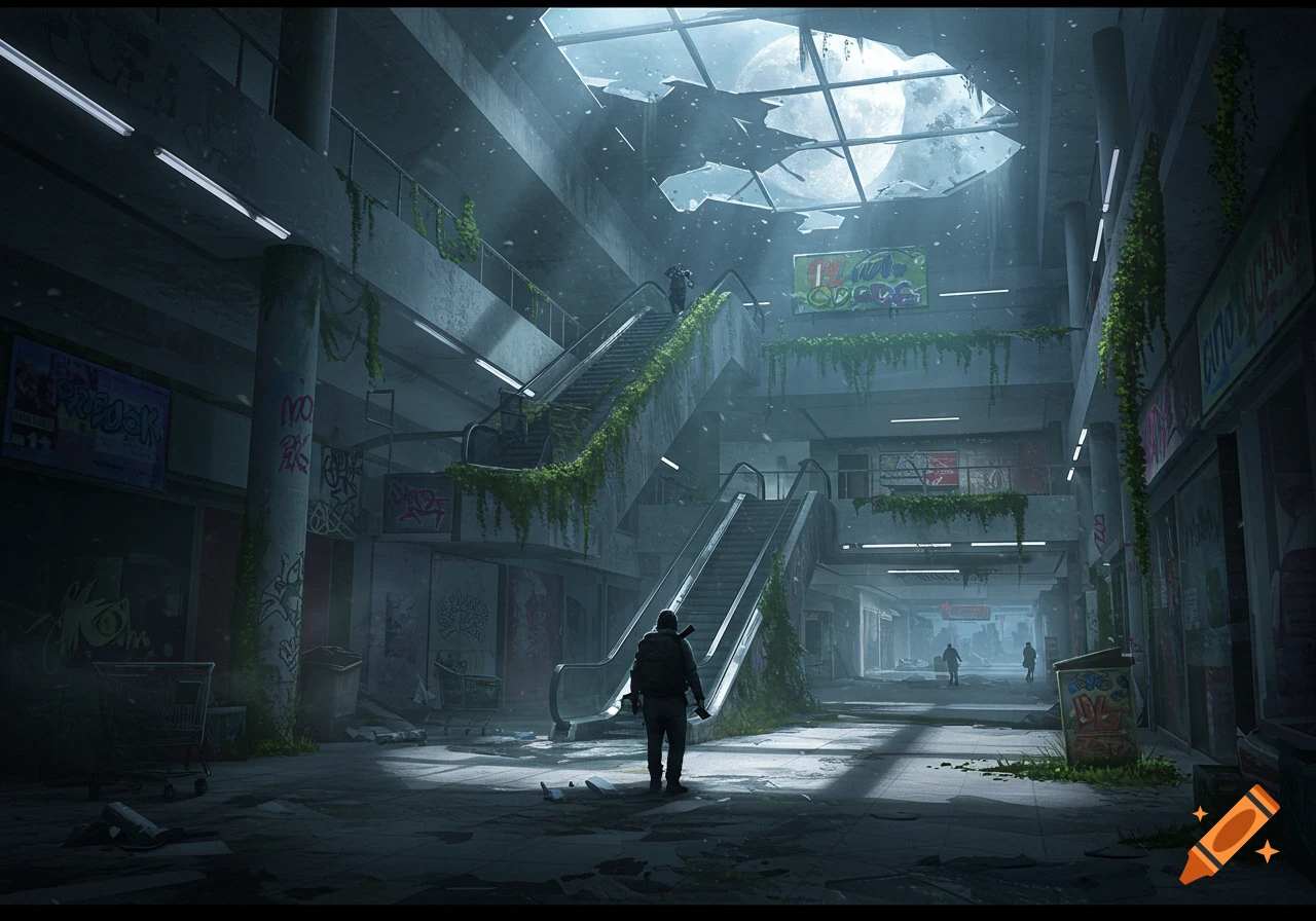 A lone character stands in a run-down, overgrown abandoned mall at night, with a large moon visible through a broken skylight.