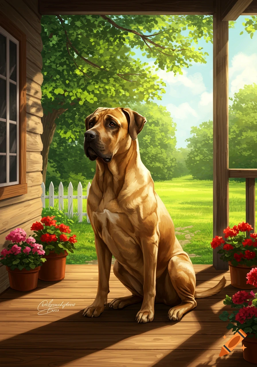 A large brown dog sits calmly on a wooden porch with potted flowers, looking out at a sunny green yard and trees in an illustrative style.