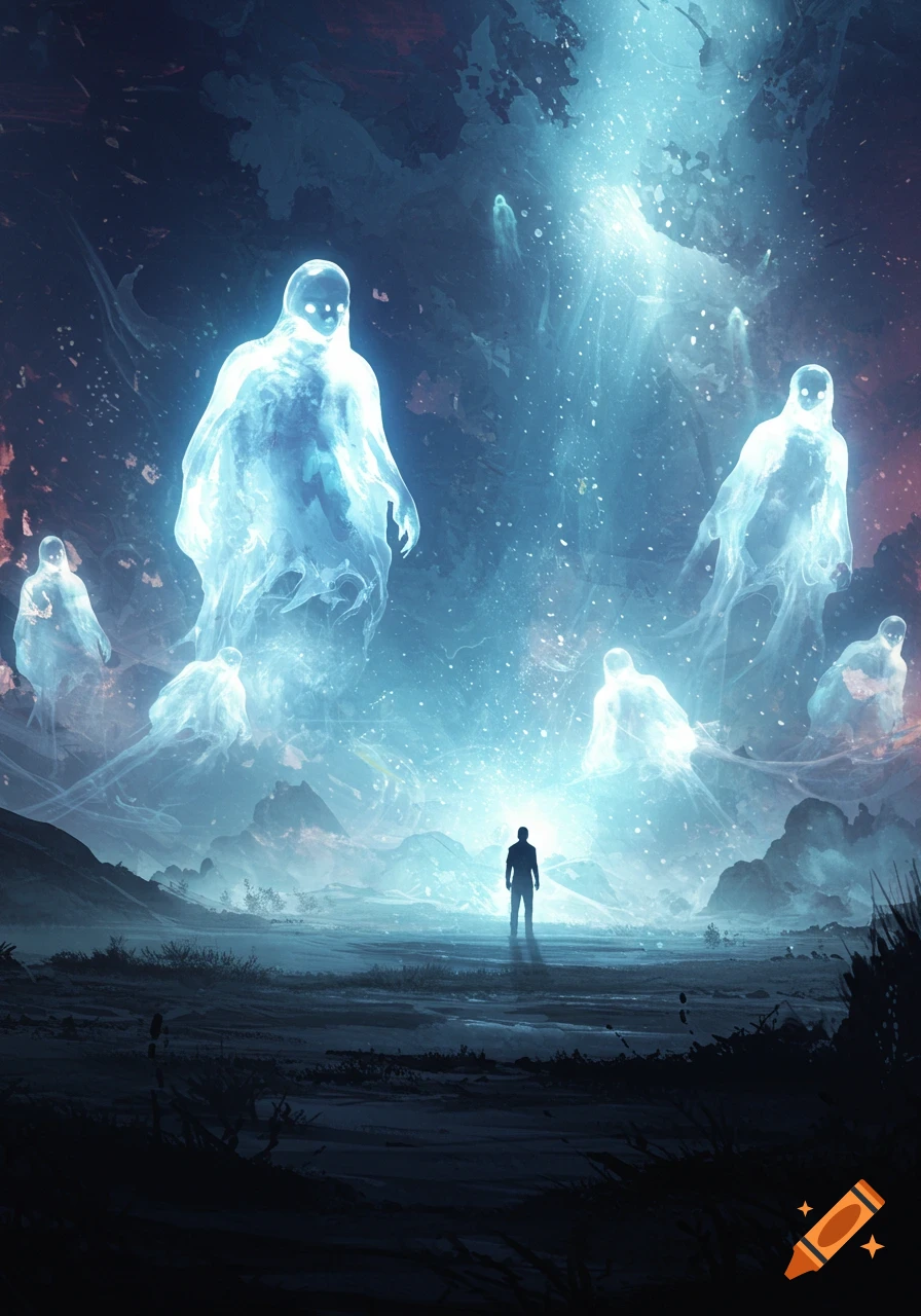 A silhouetted figure stands in a dark, ethereal landscape, surrounded by glowing blue ghost-like entities floating under a radiant sky.