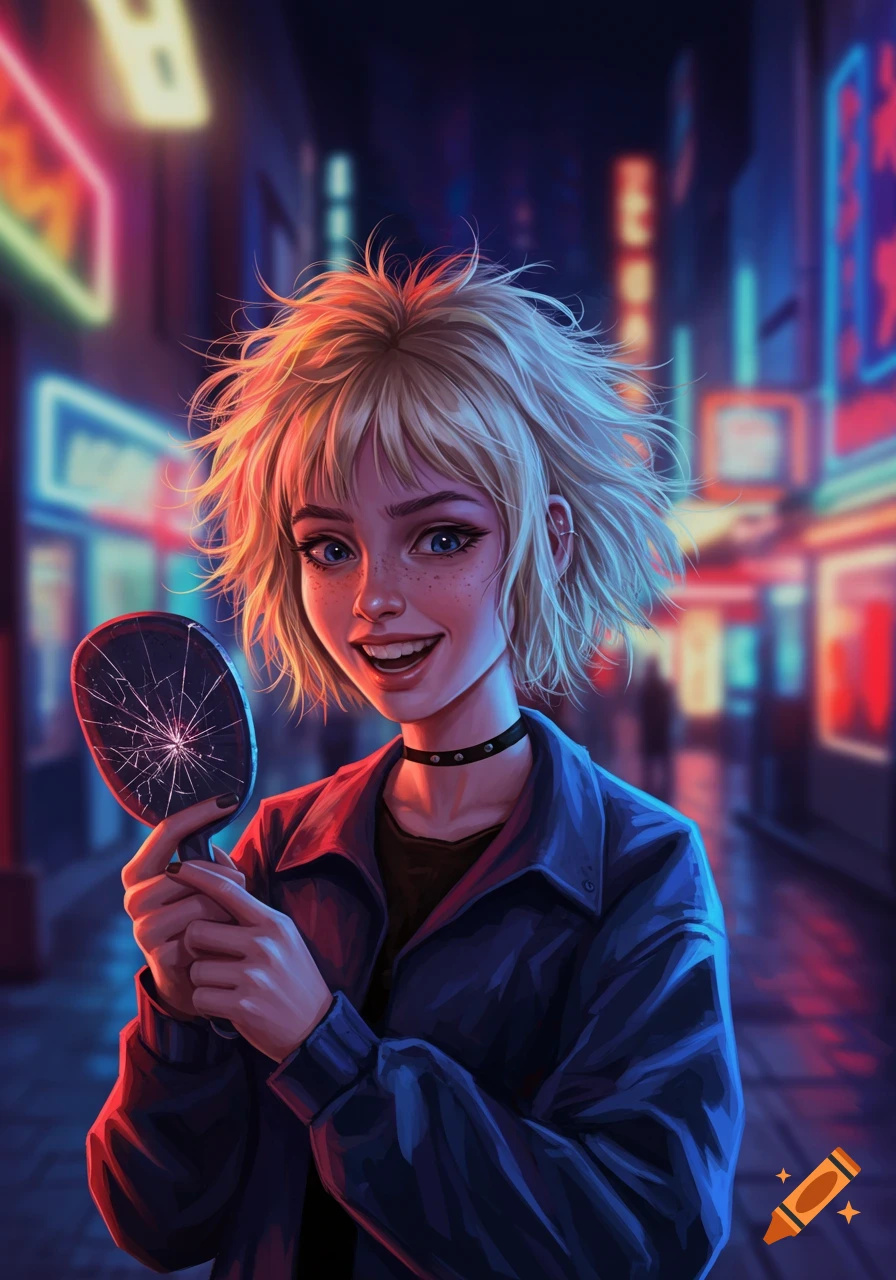Smiling blonde woman with choppy hair holding a cracked mirror in a neon-lit city street, digital art.