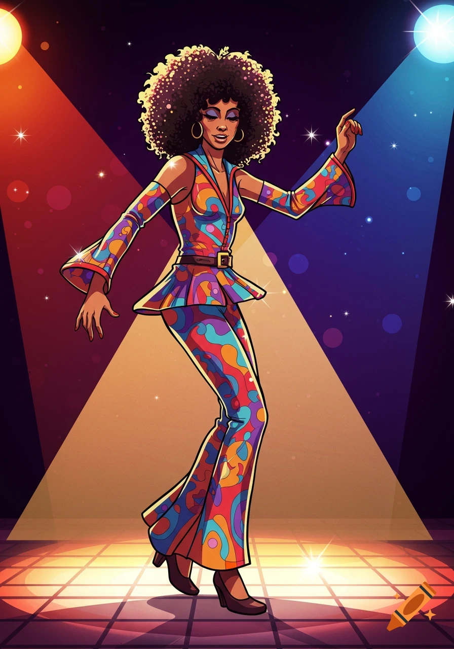 Pop art illustration of a joyful Black woman with an afro dancing in a colorful disco jumpsuit under spotlights.
