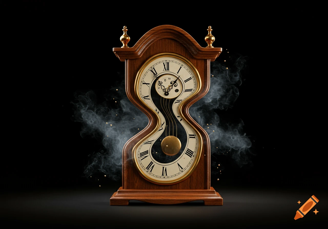 A surreal, distorted wooden grandfather clock with Roman numerals, pendulum, and smoke with golden particles against a black background.