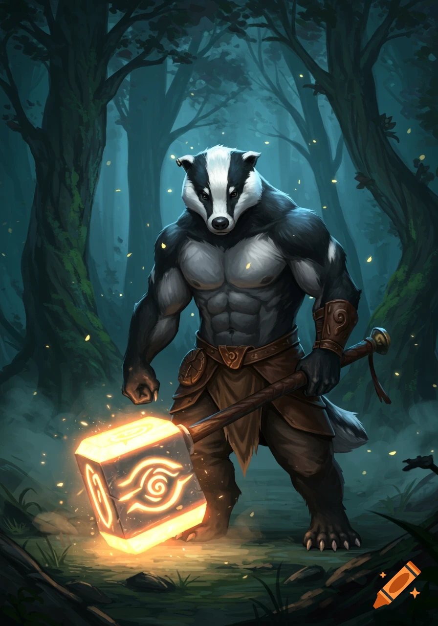 A muscular anthropomorphic badger holding a glowing two-handed hammer with runes in a dark, misty forest, digital art.