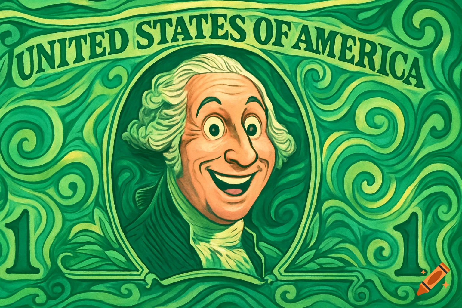 A green animated dollar bill features a wide-eyed, smiling cartoon George Washington with 'UNITED STATES OF AMERICA' written above.