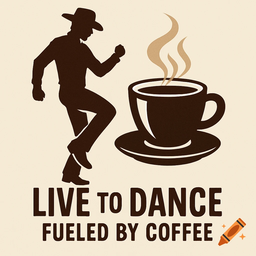 A silhouette logo shows a man dancing beside a steaming coffee cup, with text 'LIVE TO DANCE FUELED BY COFFEE'.