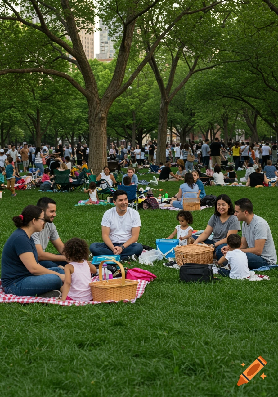 Families of mixed races picnicking on red and white checkered blankets in a green city park with many other people and trees.