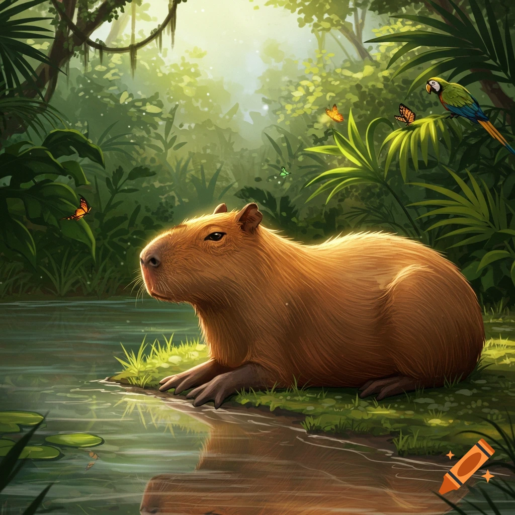Detailed illustration of a capybara resting by a jungle river with a parrot and butterflies in sunlit foliage.