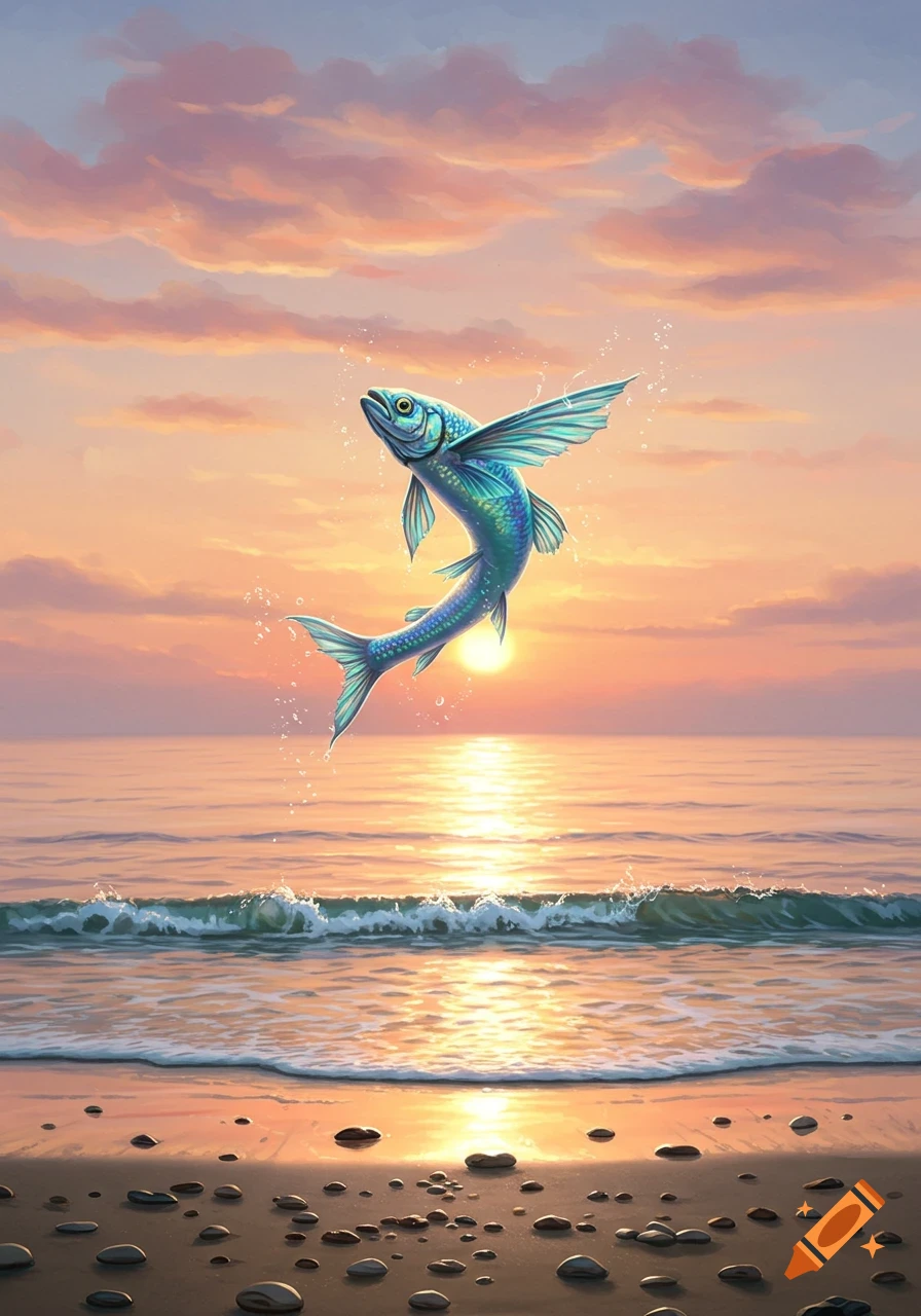 A vibrant blue and green flying fish jumps out of the ocean at a fiery sunset, with waves crashing on a pebbled beach.