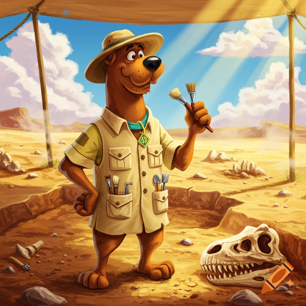 Cartoon Scooby Doo as a paleontologist, wearing a hat and khaki vest, holding brushes next to a dinosaur skull at a desert dig site.