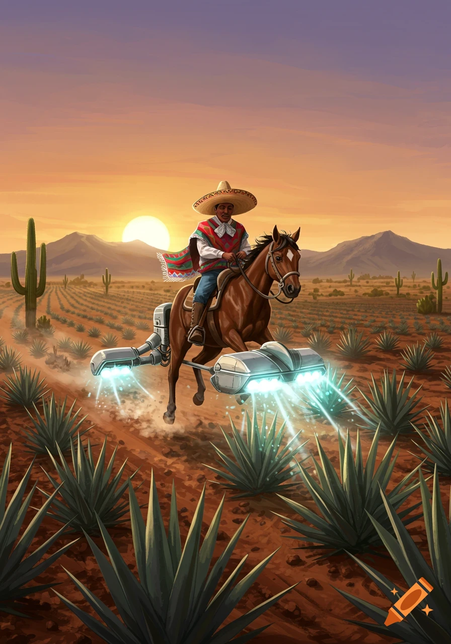 Illustration of a man in a sombrero and poncho riding a horse with futuristic laserweeder attachments over a desert landscape at sunset.