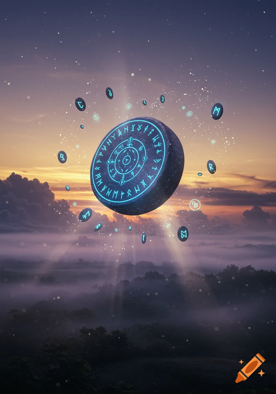 A large glowing runic disc floats above a misty forest at sunset, surrounded by smaller glowing runes and sparkling particles.