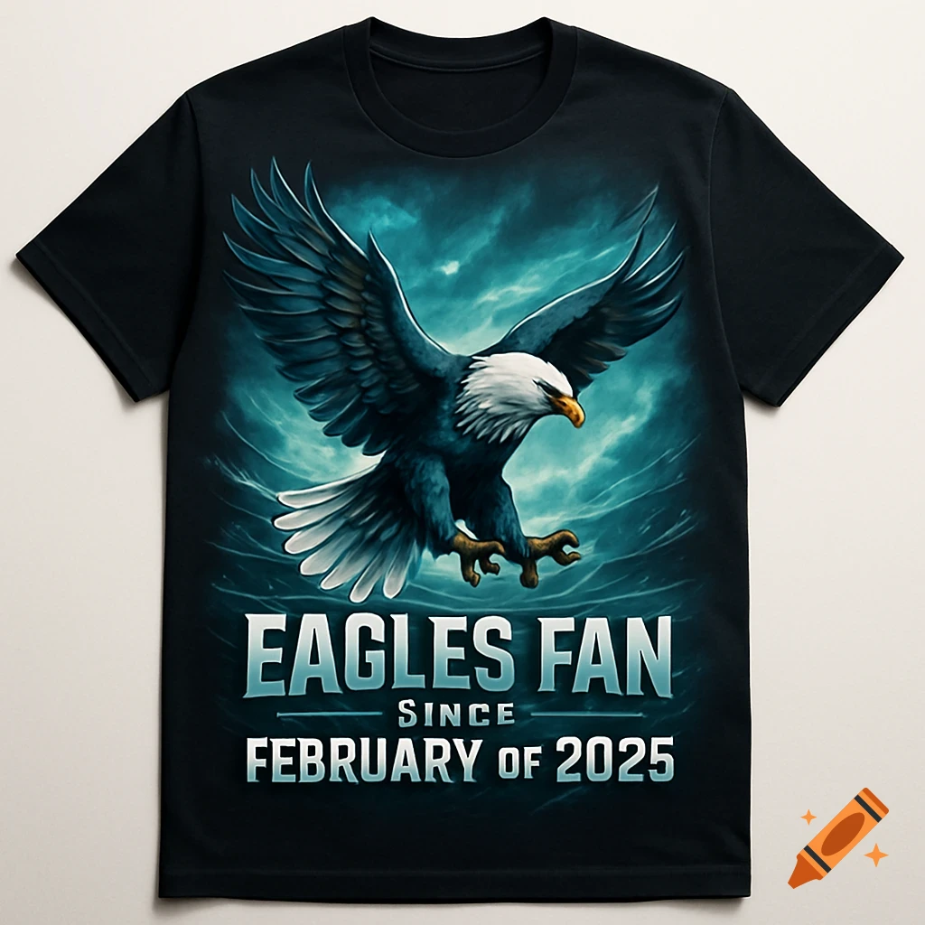 Black t-shirt with a majestic bald eagle soaring against a stormy sky, and text 'EAGLES FAN SINCE FEBRUARY OF 2025' below it.