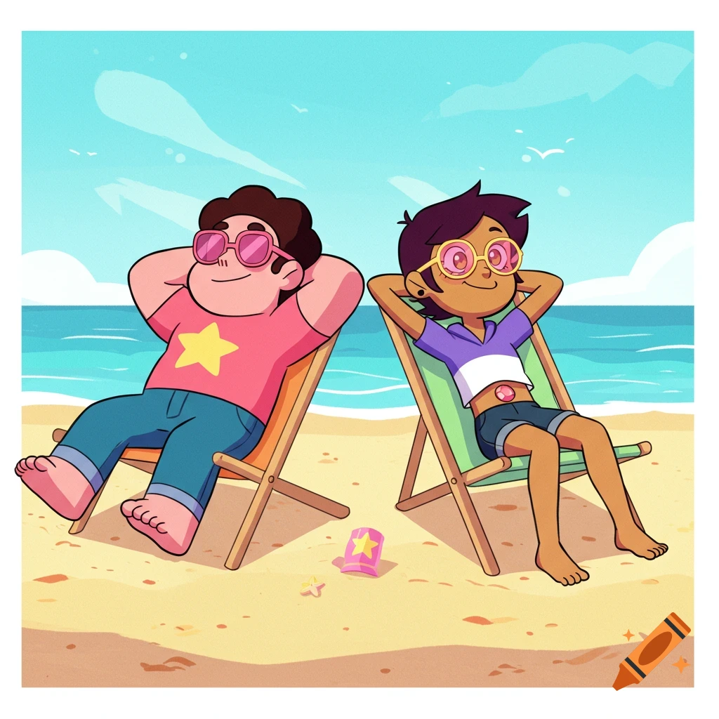 Cartoon characters Steven Universe and Luz Noceda relax on beach chairs on a sunny beach.