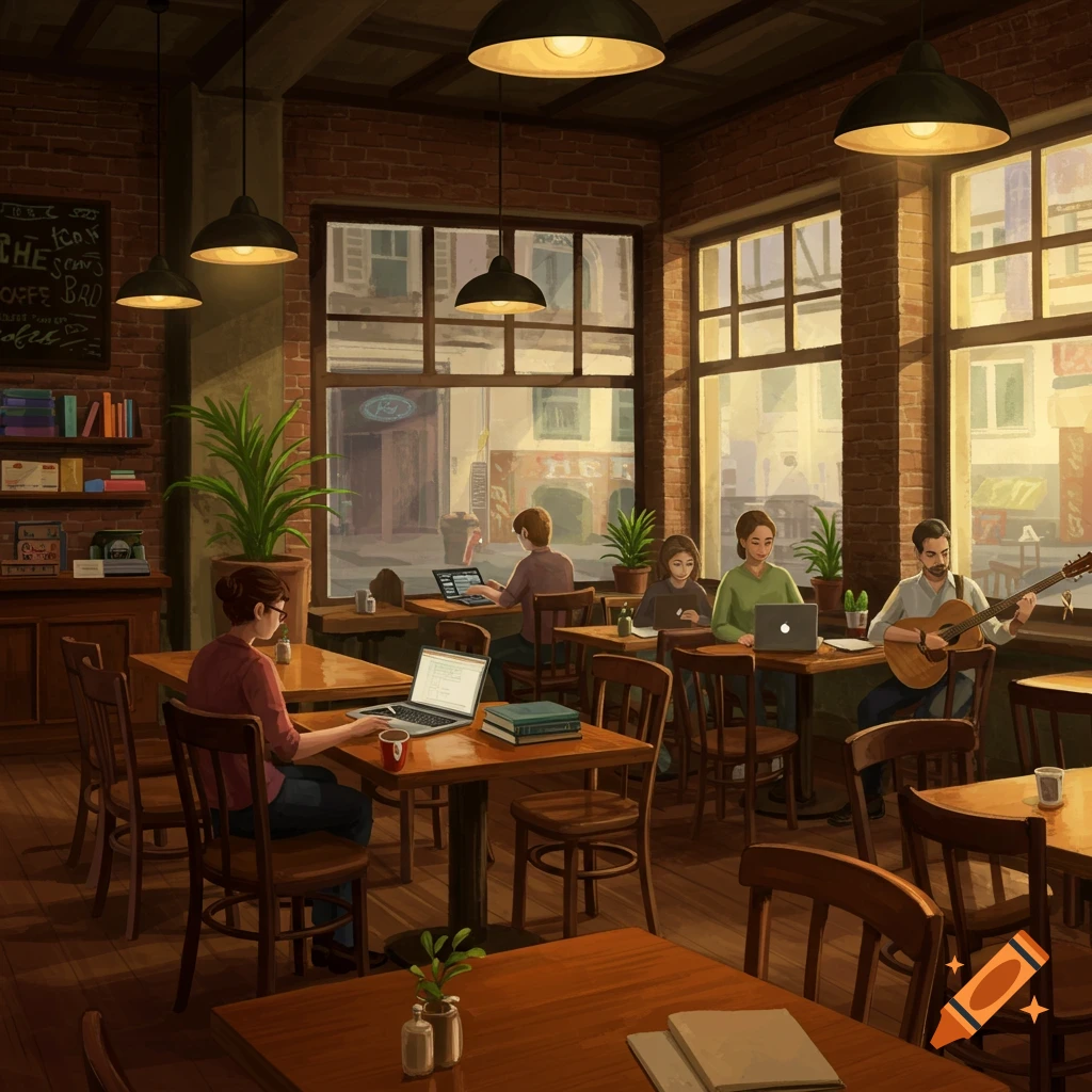 Stylized illustration of a cozy coffeehouse filled with people working on laptops and one playing a guitar, bathed in warm light.