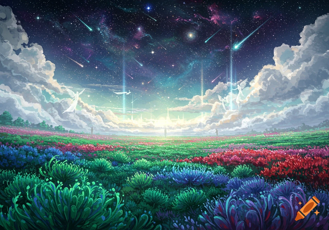 A vibrant fantasy landscape with colorful flowers, a starry sky, shooting stars, and angelic figures.