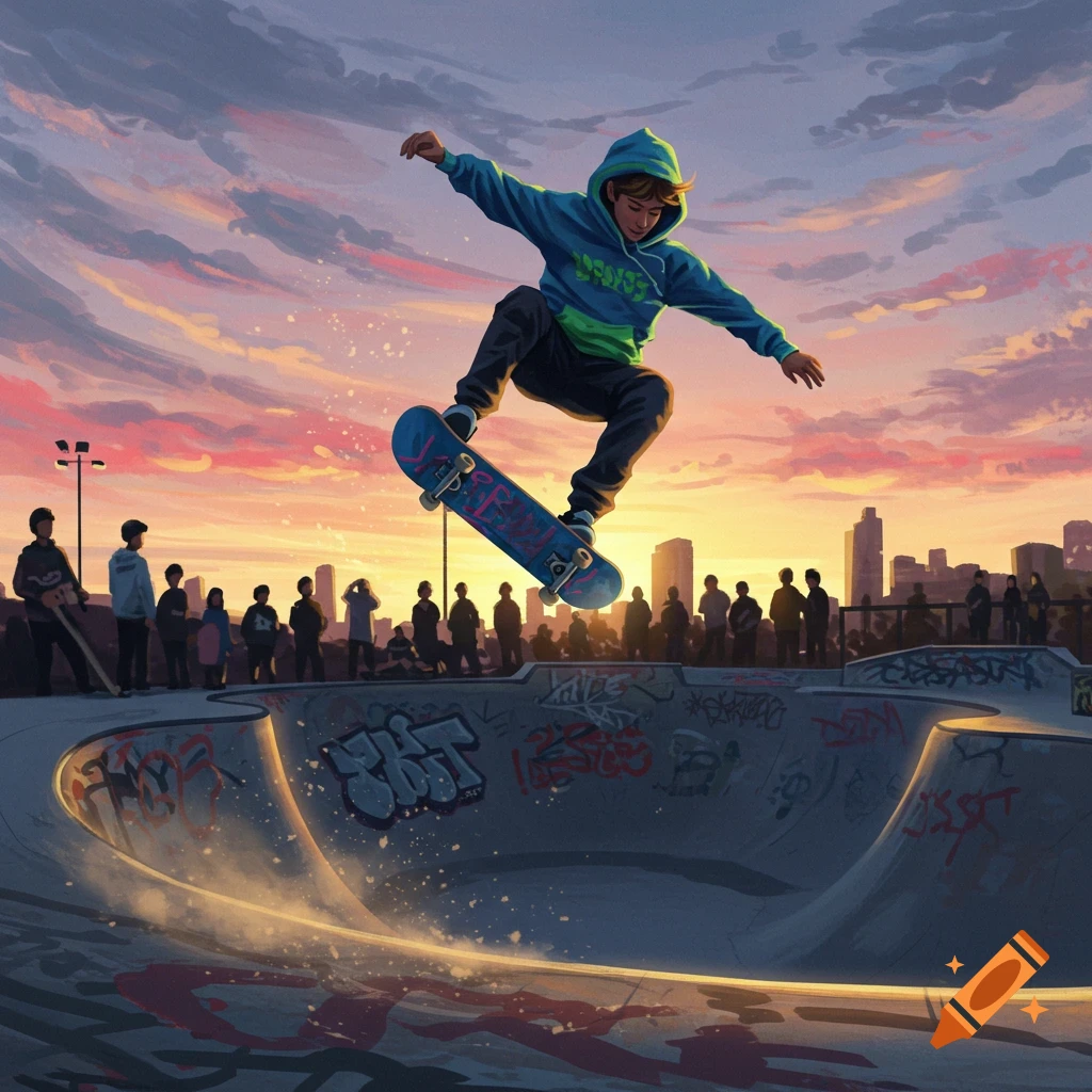 A vibrant digital illustration of a skateboarder mid-air in a skatepark at sunset, with a city skyline.