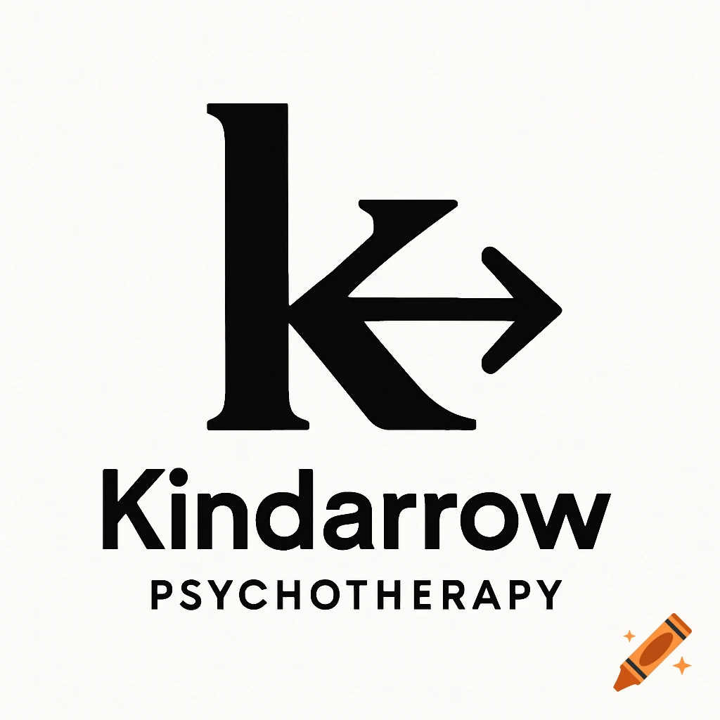 Black and white logo for Kindarrow Psychotherapy, featuring a stylized 'K' combined with an arrow.