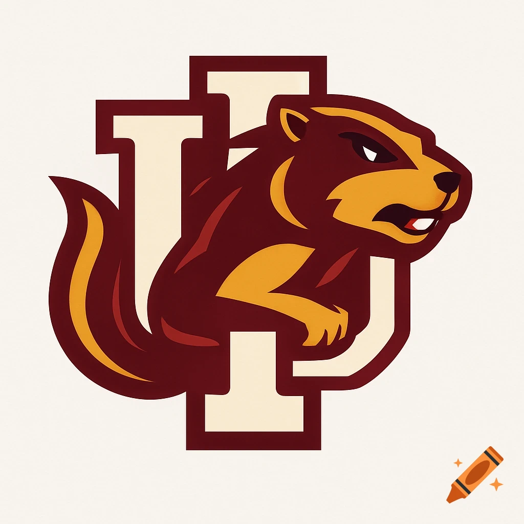A graphic logo featuring an angry gopher mascot in maroon and gold, integrated with stylized cream-colored "IU" letters.