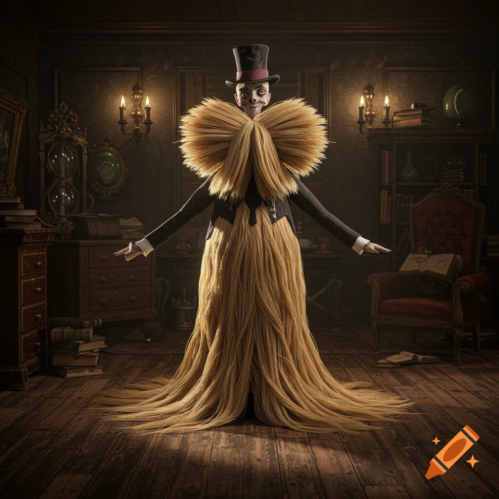 A creepy, stylized character resembling Cousin Itt from the Addams Family, wearing a top hat and suit, with a body made of long, straw-like hair. The character stands in a dimly lit, ornate Victorian room with dark wood, a bookshelf, and an armchair, in the style of Klei Entertainment.
