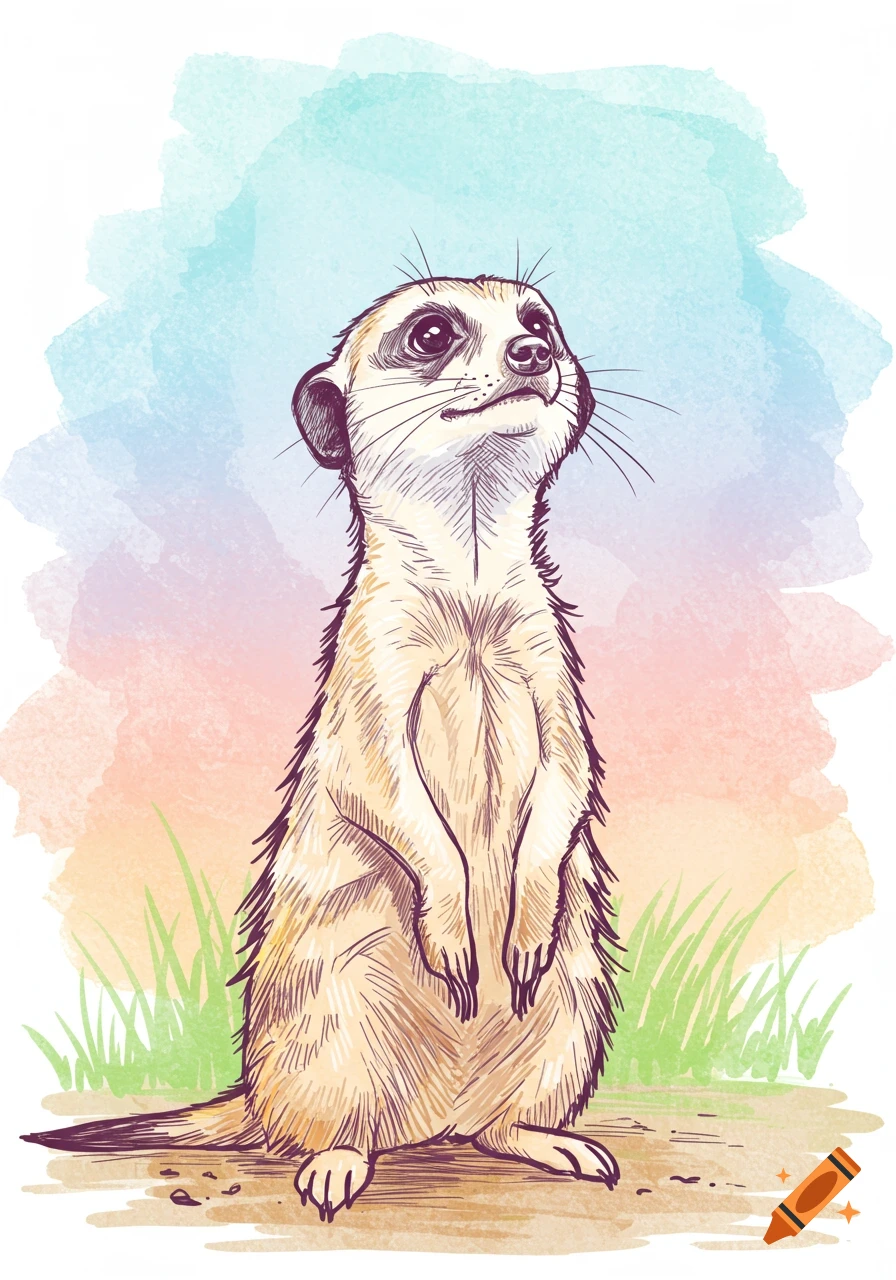 A cute cartoon meerkat illustration with heavy lines, standing and looking up against a pastel watercolor background.