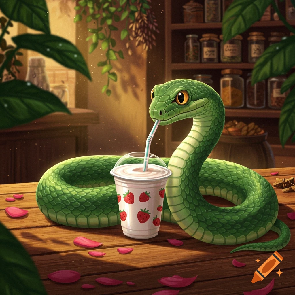 A cute green cartoon snake sips a strawberry smoothie with a straw on a wooden table, surrounded by plants in an illustration.