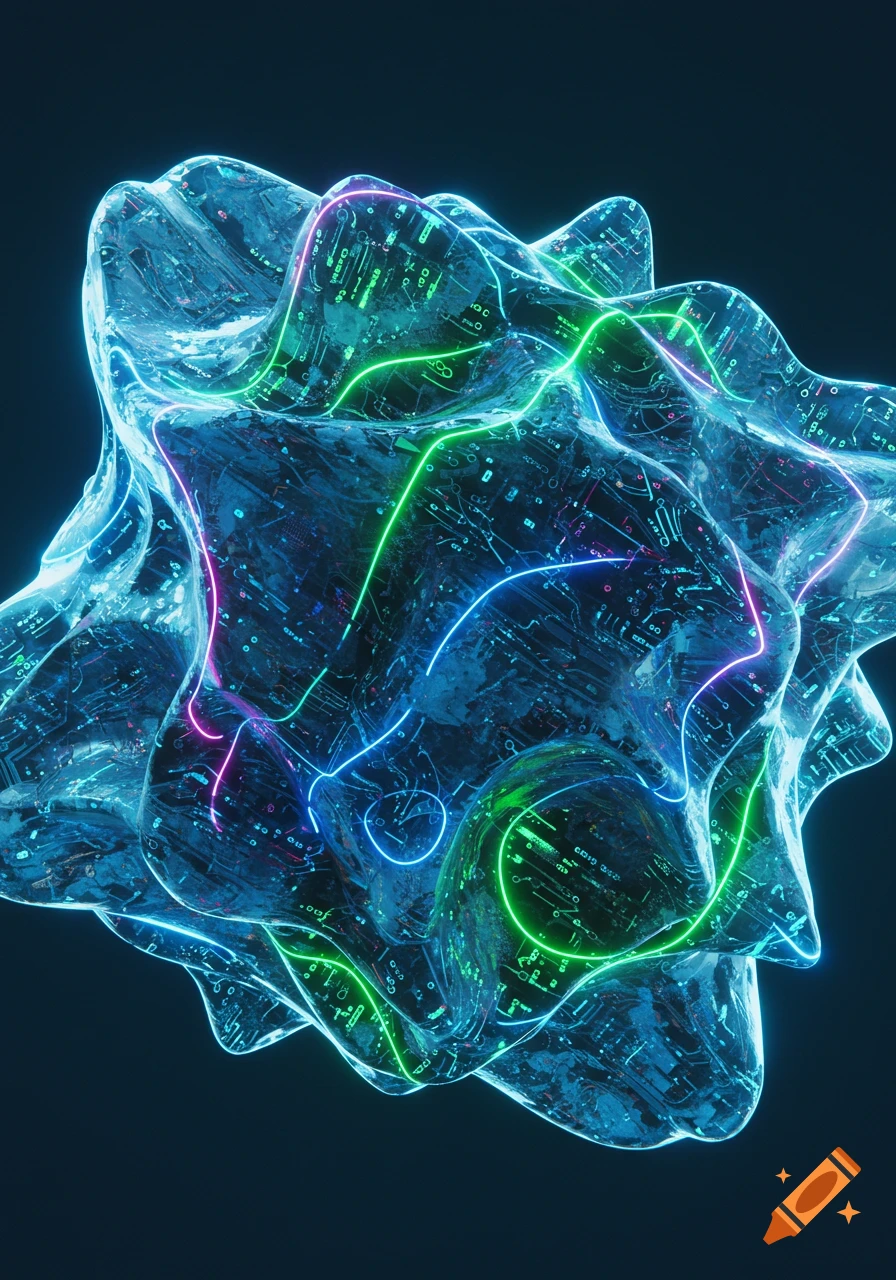 An abstract, glowing, wave-like mass with internal circuit board patterns and neon lines in blue, green, and pink.