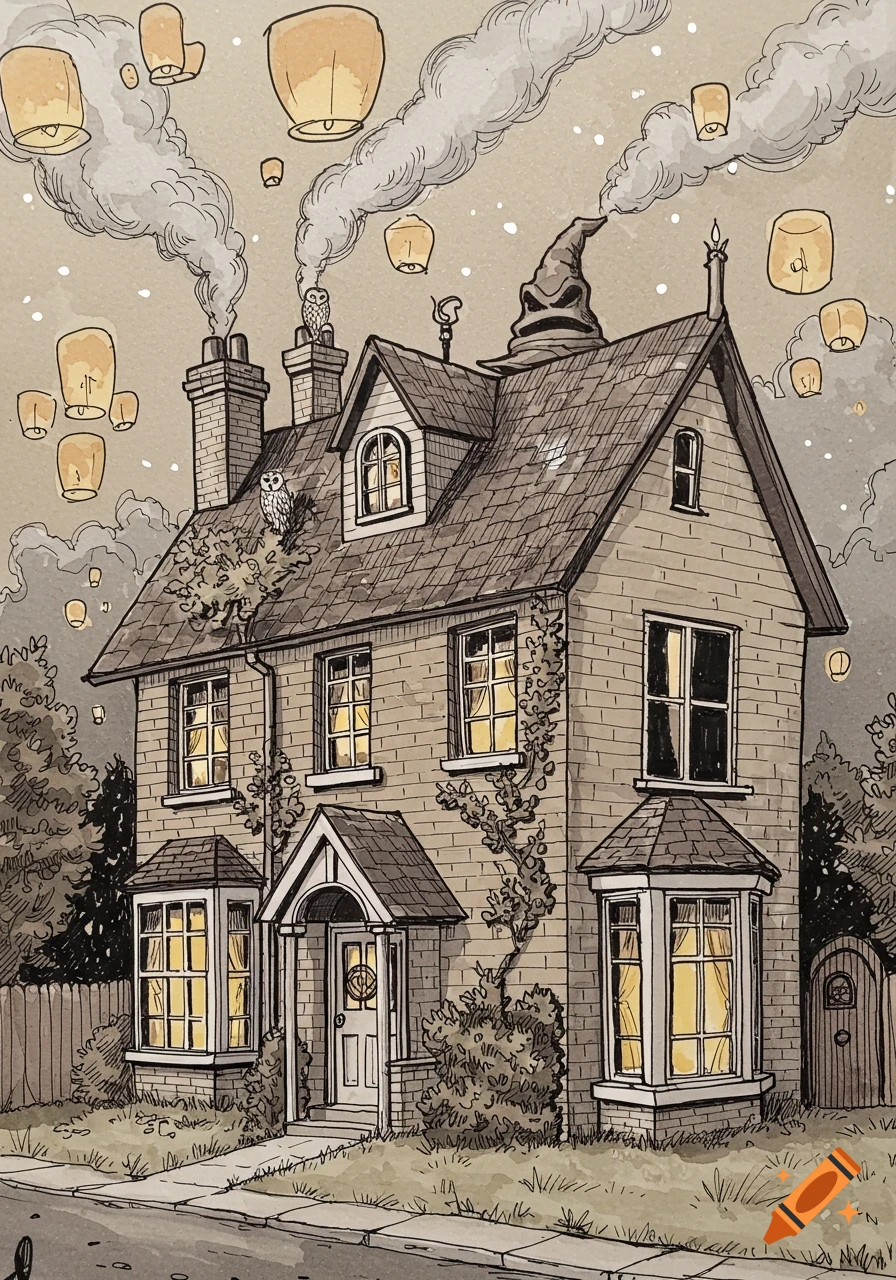 Cozy, whimsical Harry Potter-themed house illustration with a sorting hat, owls, smoking chimneys, and floating lanterns at night.