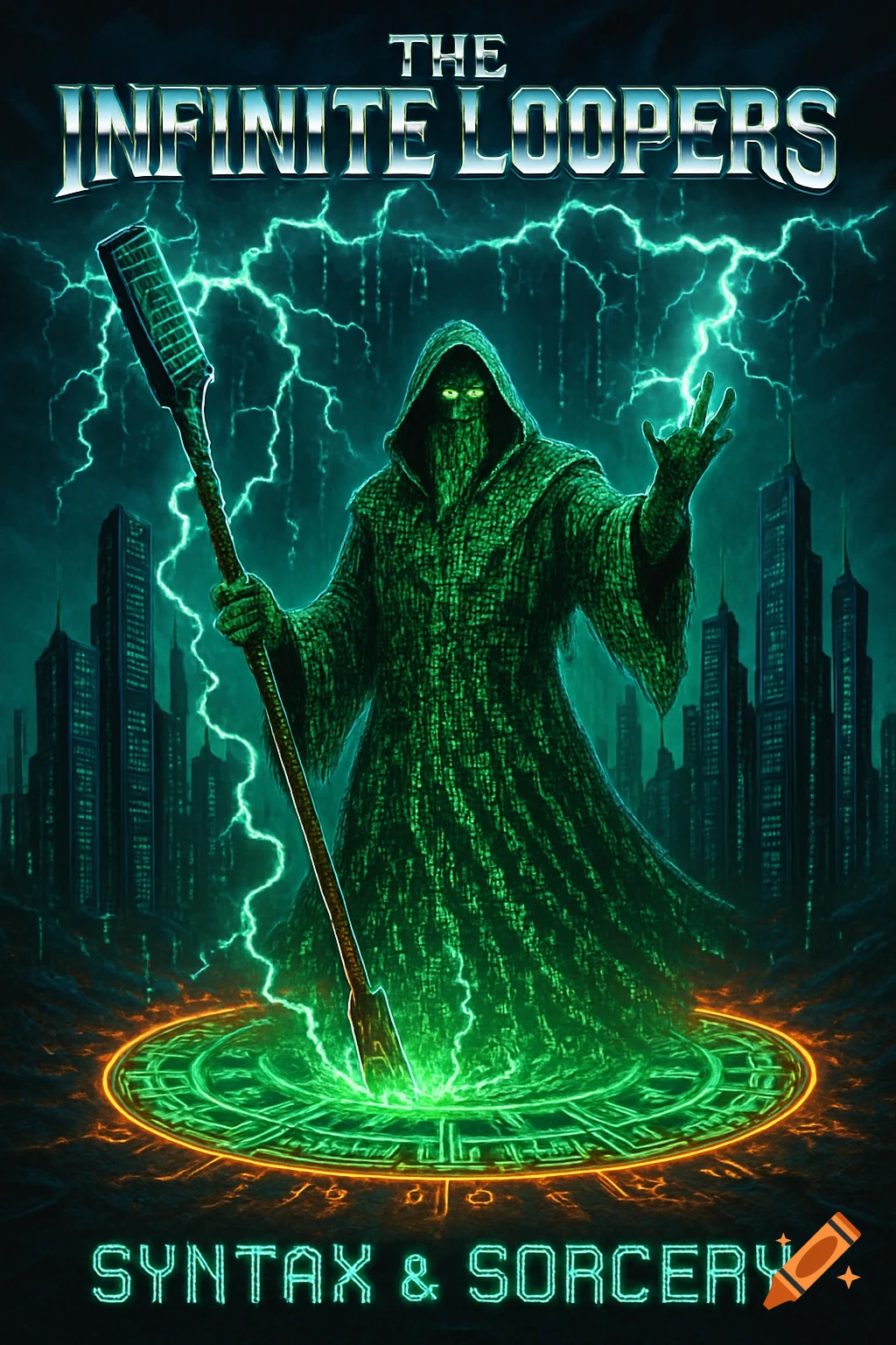 Green digital wizard in a cyberpunk city with lightning, holding a keyboard staff, magic circle below. Text: The Infinite Loopers: Syntax & Sorcery. 80s heavy metal album art style.
