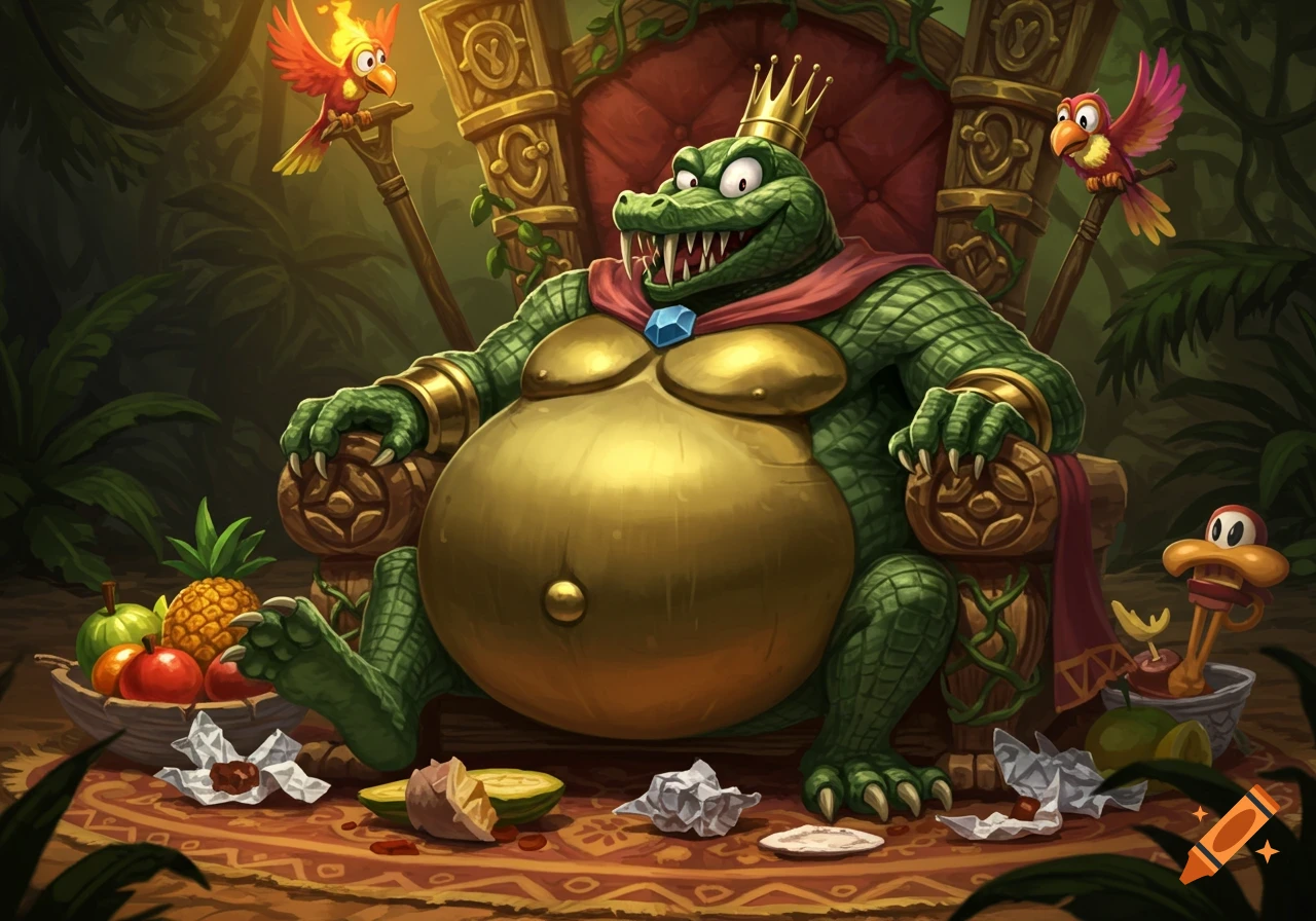 King K. Rool, a green crocodile king, with a huge golden belly, sits on an ornate jungle throne, surrounded by fruit.