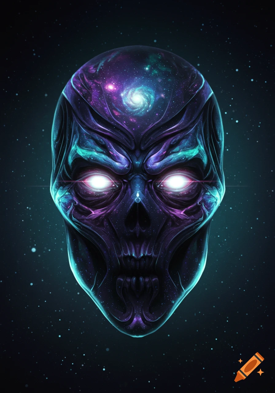 A glowing, cosmic skull-like mask with purple and teal colors and a galaxy on its forehead against a starry space background.