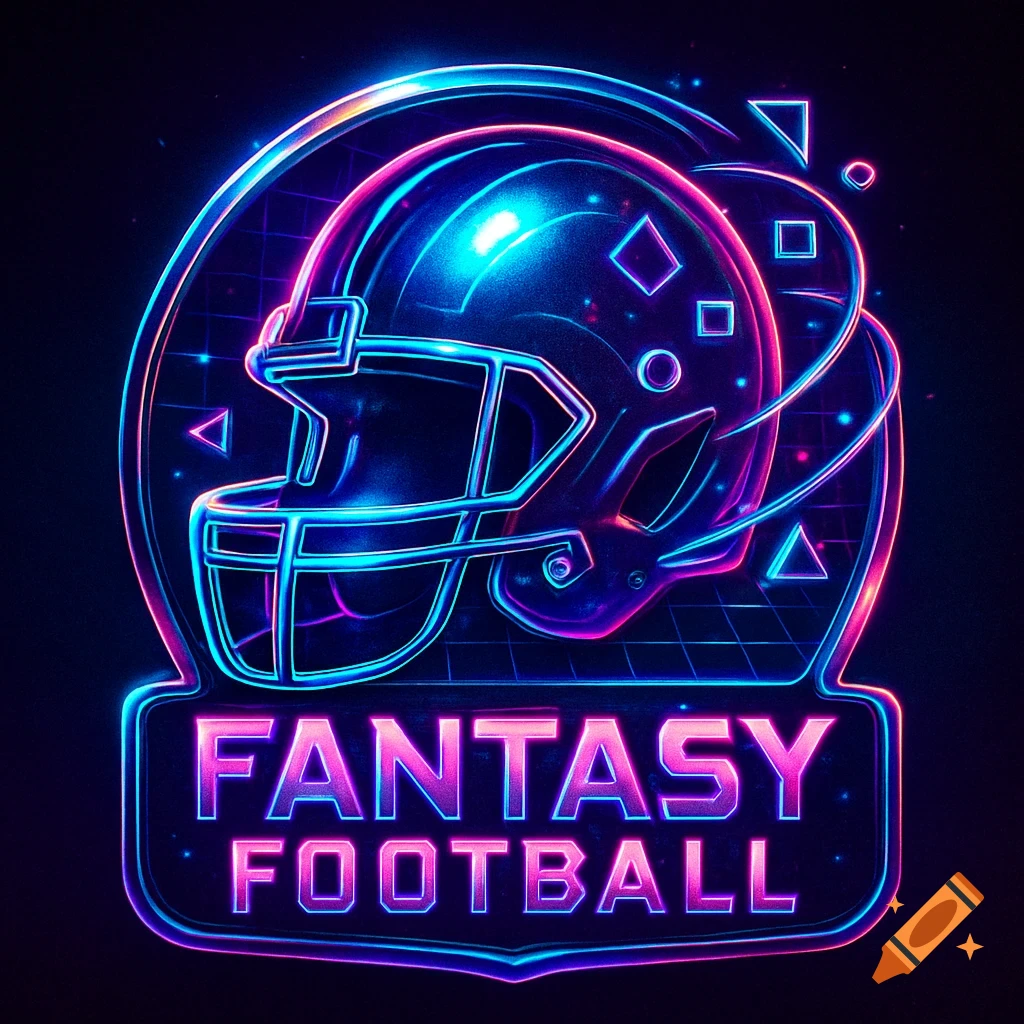 Retro-futuristic neon logo for Fantasy Football featuring a glowing football helmet.