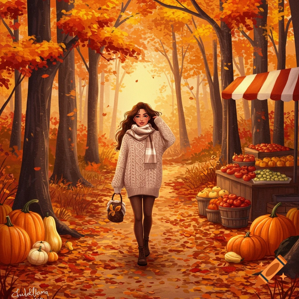 Illustrative image of a woman in a sweater and scarf walking through an autumn forest path lined with pumpkins and a fruit stand.