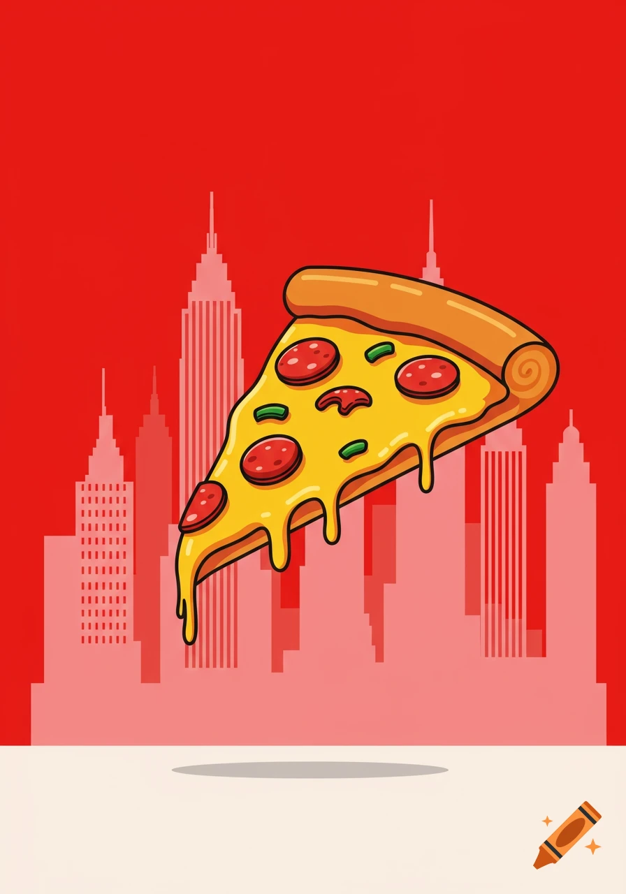 A cartoon slice of pepperoni and green pepper pizza with melting cheese, floating in front of a red city skyline silhouette.