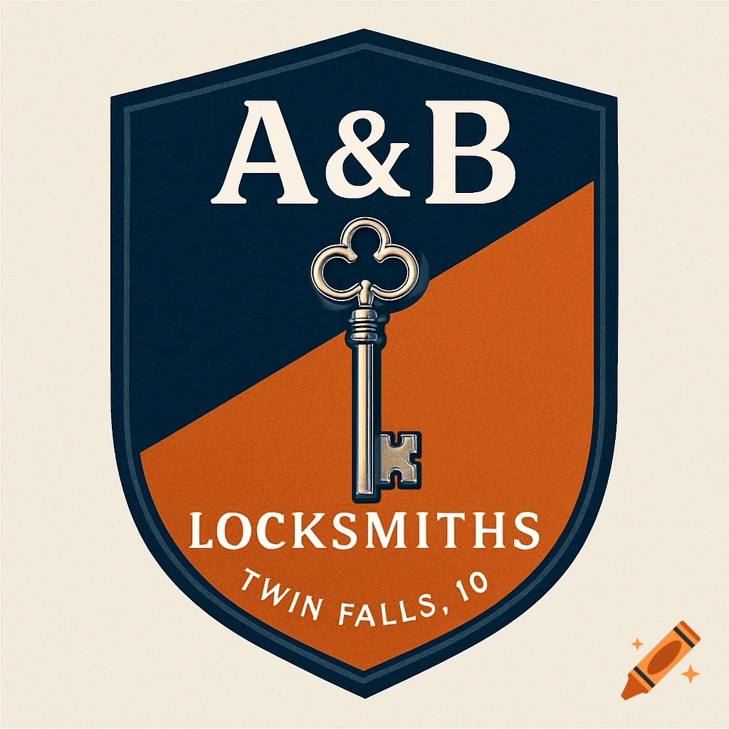 A shield-shaped logo for A&B Locksmiths, split diagonally with blue and orange. A silver key is centered, with text "A&B Locksmiths Twin Falls, 10".
