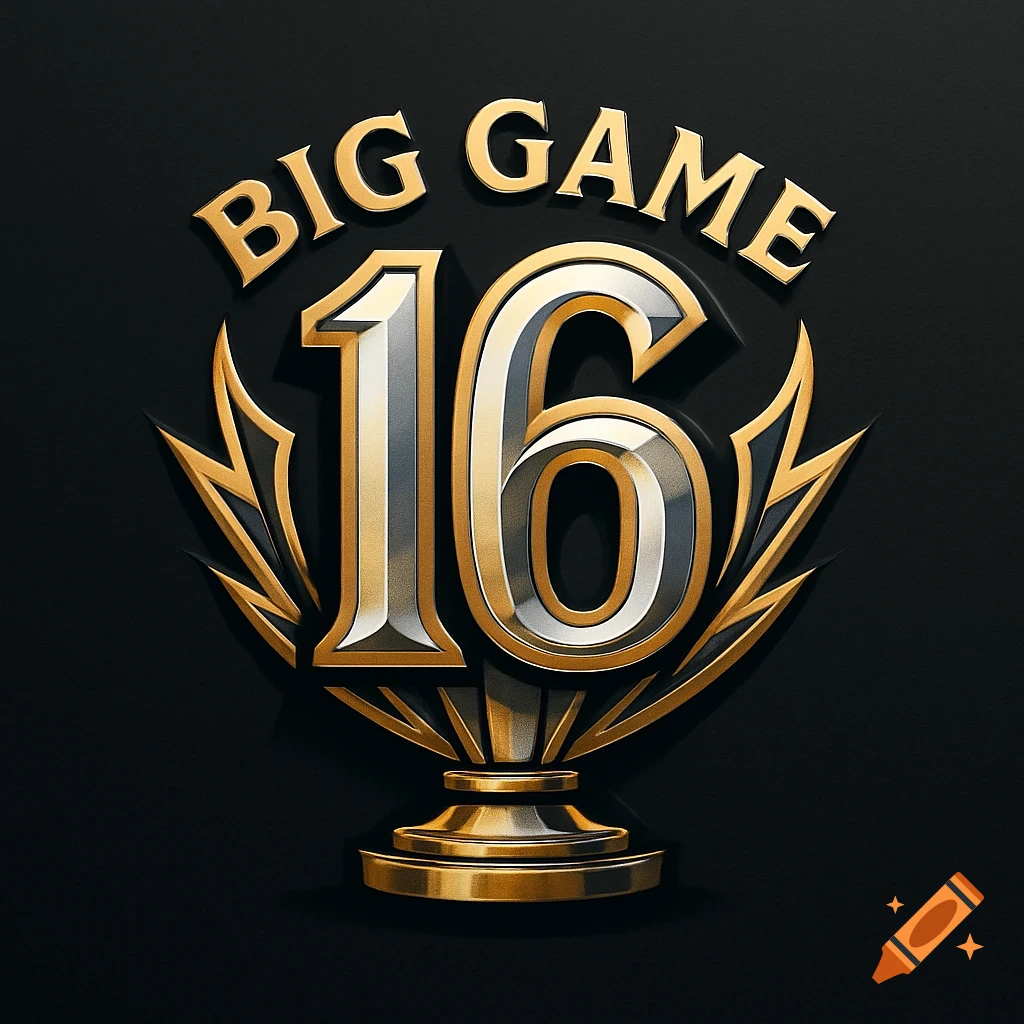 A gold and silver 3D logo with "BIG GAME" curved above the large numbers "16", set on a stylized trophy base with gold wing-like accents against a dark background.