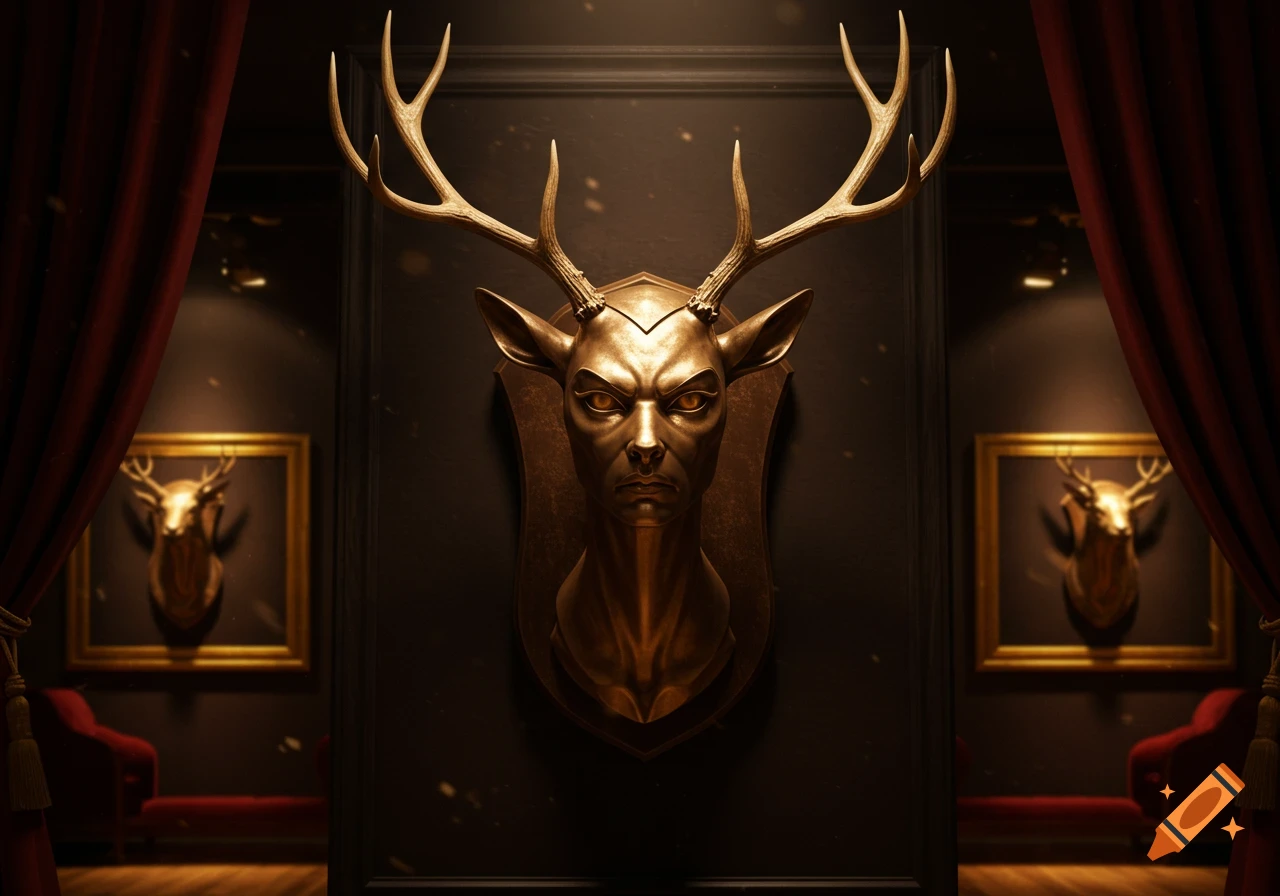 Golden deer trophy head with a stern human face and glowing eyes, mounted on a dark wall with red curtains.