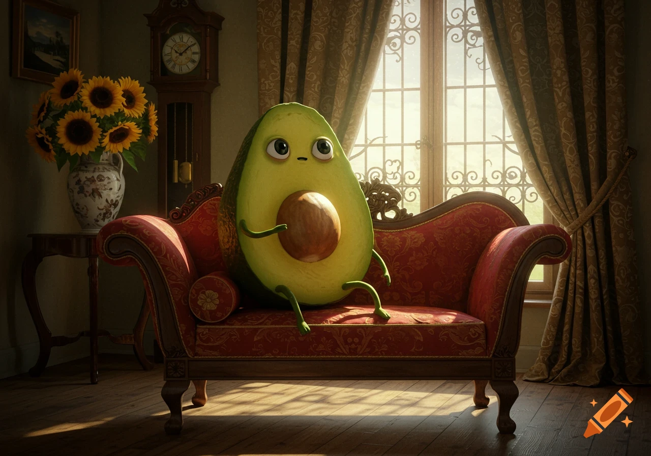 A cute, cartoon avocado with eyes and limbs sits on an ornate red couch in a sunlit room with sunflowers and a grandfather clock.