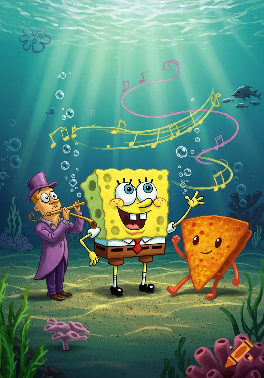 Spongebob, a flutist, and a smiling Dorito dance underwater, with musical notes floating around in a vibrant cartoon.