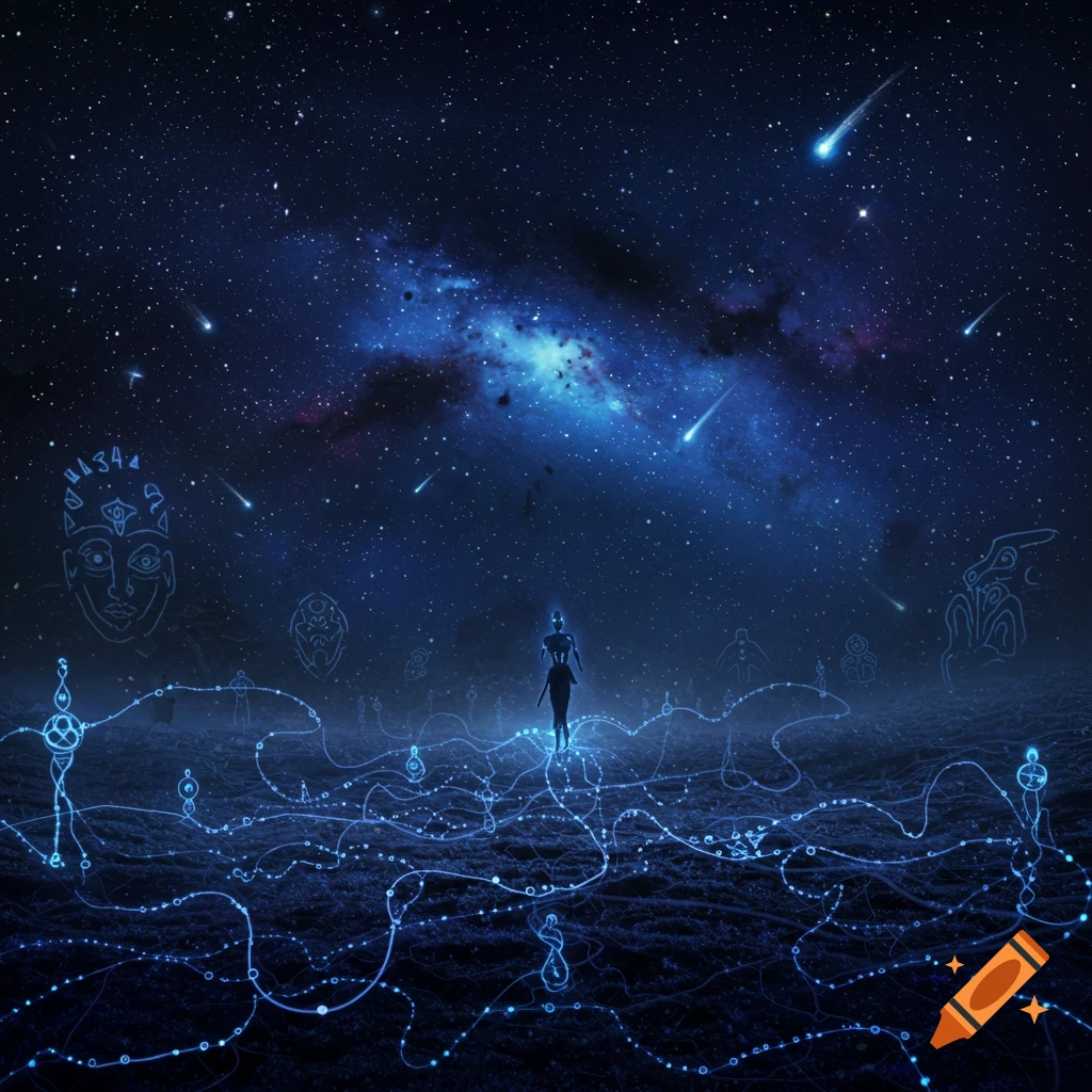 A glowing humanoid figure walks across a dark, cosmic landscape connected by intricate blue light paths, under a starry sky with shooting stars and ancient, glowing symbols.
