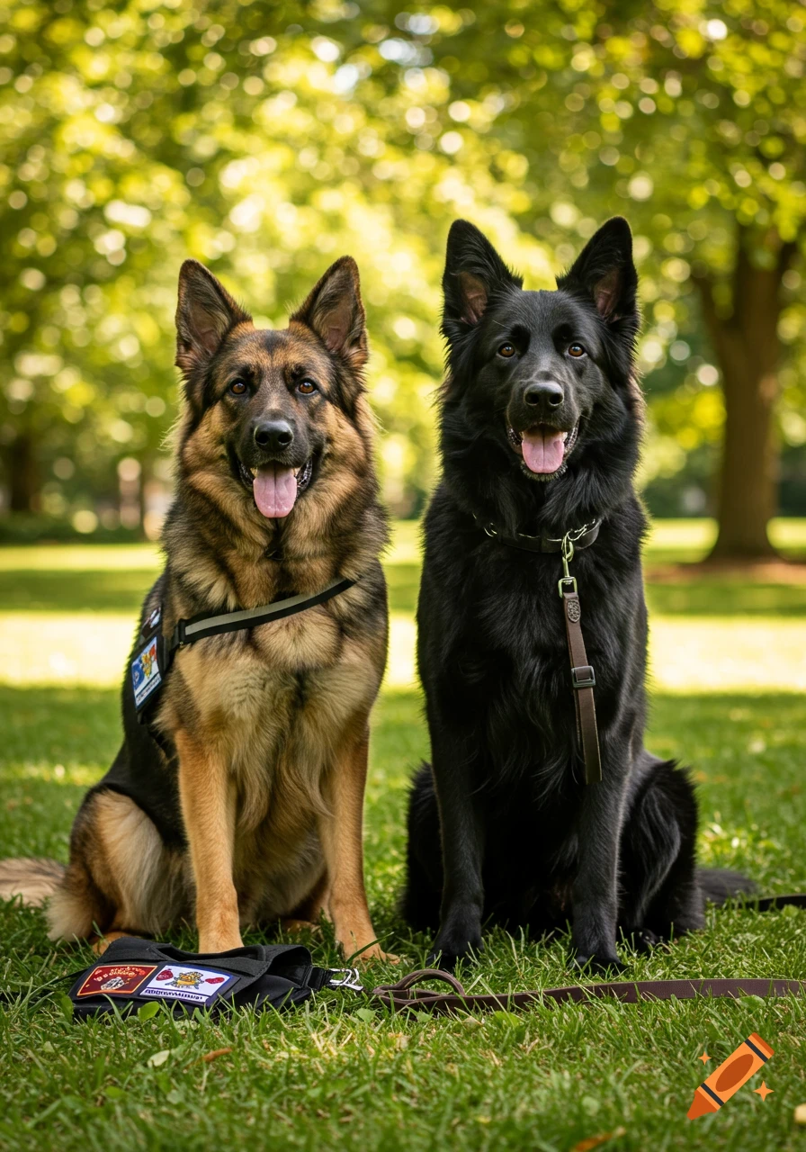 A sable German Shepherd and a black German Shepherd sit side-by-side on green grass in a park, looking at the camera. The sable dog wears a harness with patches; a bag with patches rests in front of it.