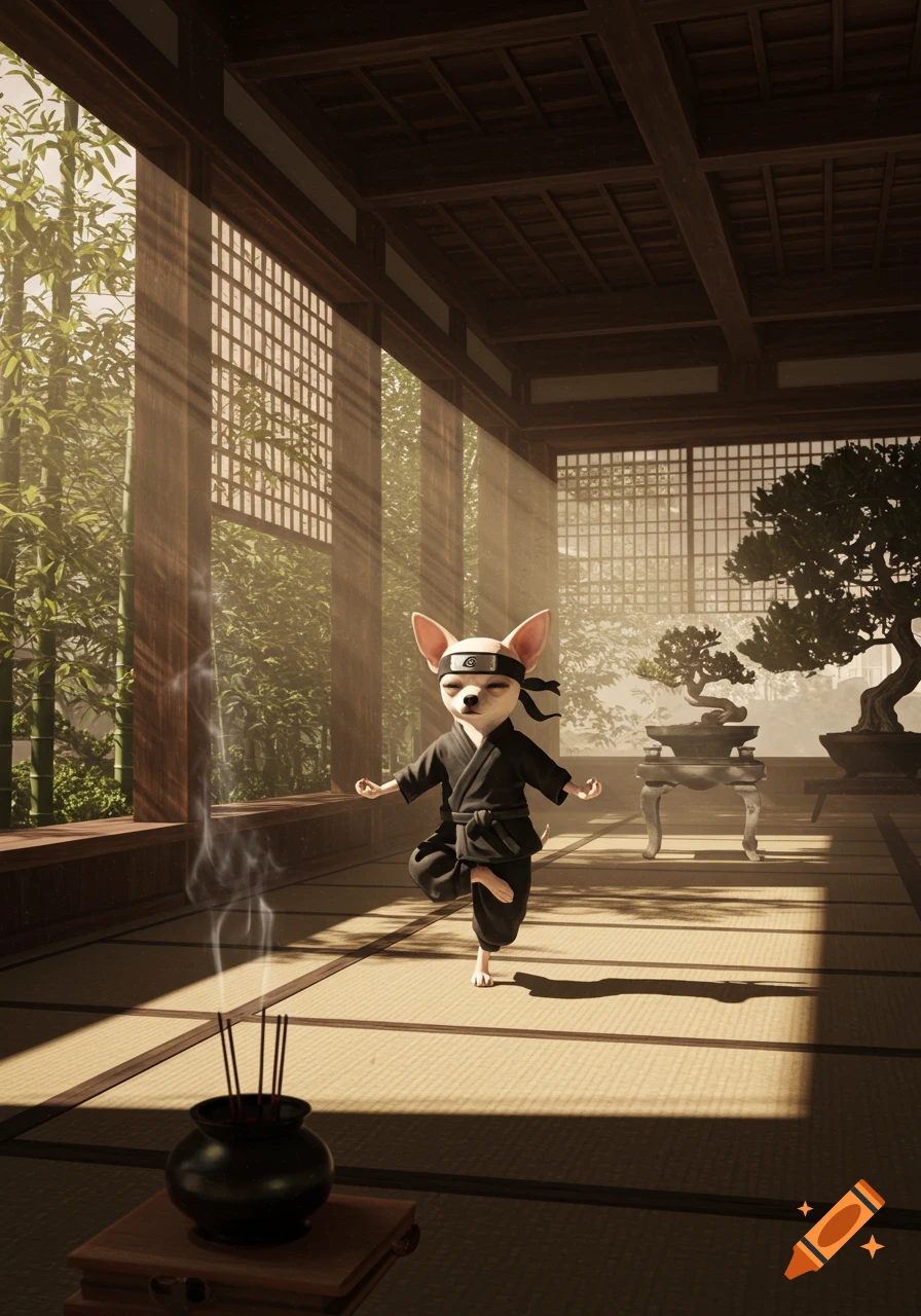 A cream-colored chihuahua in a black ninja suit and headband balances on one leg in a sunlit Japanese temple.