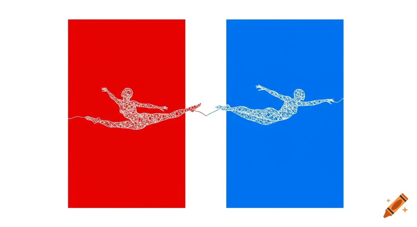 Abstract minimalist illustration of two tangled-line figures, one on a red background and one on a blue, connected by a line.