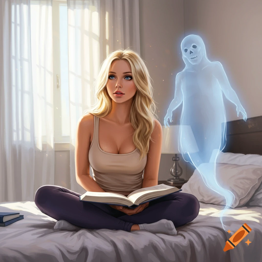 A blonde woman sits on a bed reading a book, a translucent blue ghost hovers behind her in a bright bedroom.