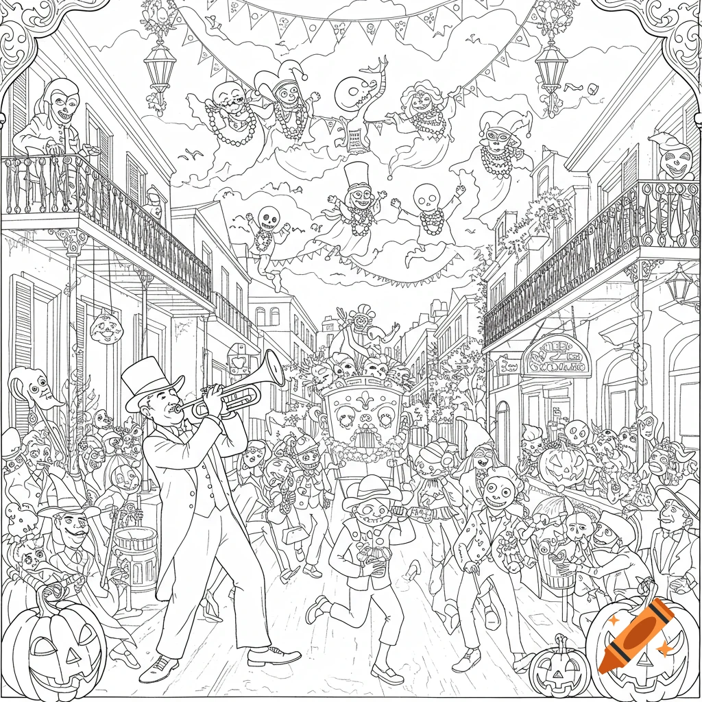 A detailed line art coloring book illustration of a New Orleans street scene during Halloween, with costumed people, skeletons, and a man playing a trumpet.