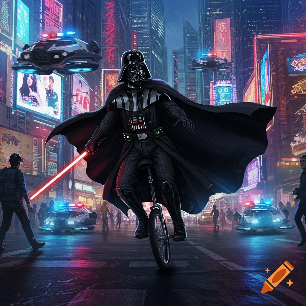 Darth Vader on a unicycle rides through a neon-lit cyberpunk city at night, pursued by hover police cars, holding a red lightsaber.