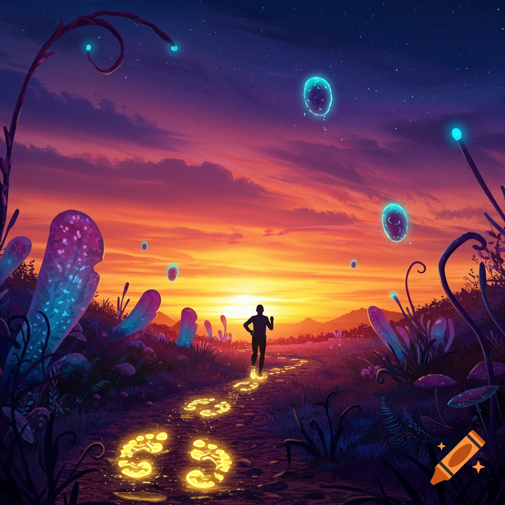 A person runs on a glowing path through a vibrant, surreal alien landscape with luminous plants and floating orbs at sunset.