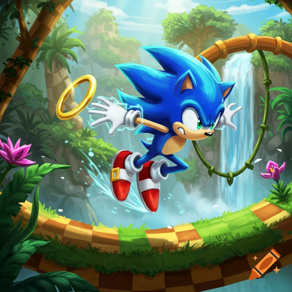 Sonic the Hedgehog speeds through a vibrant jungle with a waterfall, running on a checkered loop and reaching for a golden ring.